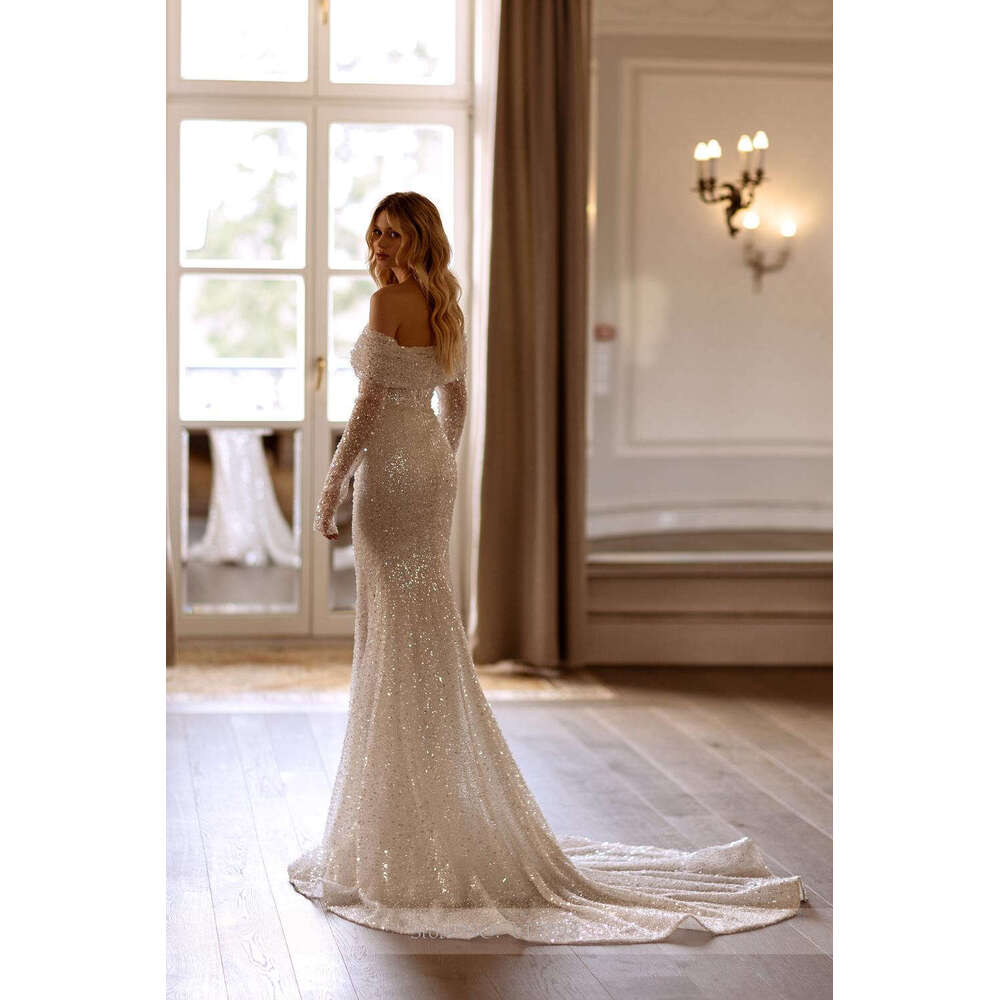 Off the Shoulder Sweetheart Dresses for Women Sequin Shiny Wedding Gowns Mermaid Court Bridal Gown with Removable Sleeve