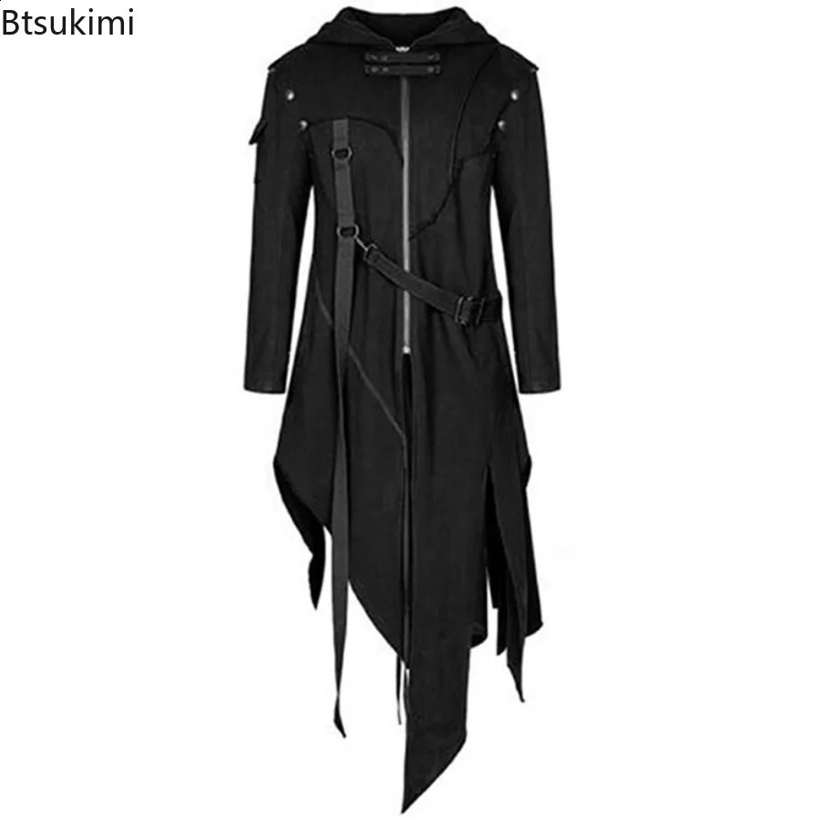 Mens Punk Style Irregular Trench Coats Black Gothic Long Hooded Jackets Halloween Man Cosplay Costume Large Size S-5XL 240716