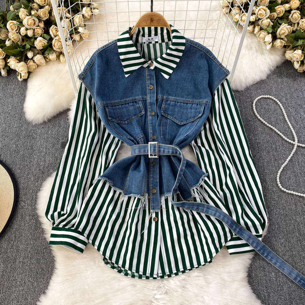 Spring and Autumn Korean Style Fake Two Loose Denim Vests with Striped Shirts for Womens Casual Irregular Top Temperament Novelty Oversize Dress Silk 