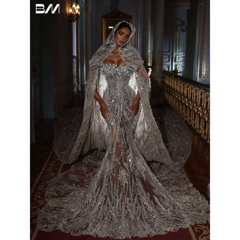 Strapless Mermaid Women Wedding Dress With Beaded Crystals Details Court Train Bride Dresses Sexy Bridal Gown(No Cape) 0723