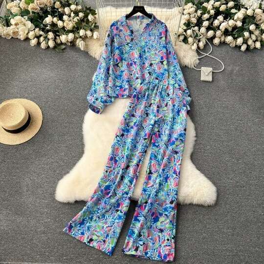 Spring New Womens Wear Design Sense Printed Long Sleeved Shirt Fashionable and Versatile Wide Leg Pants Two Piece Set Self-cultivation Lace Dress BOHO