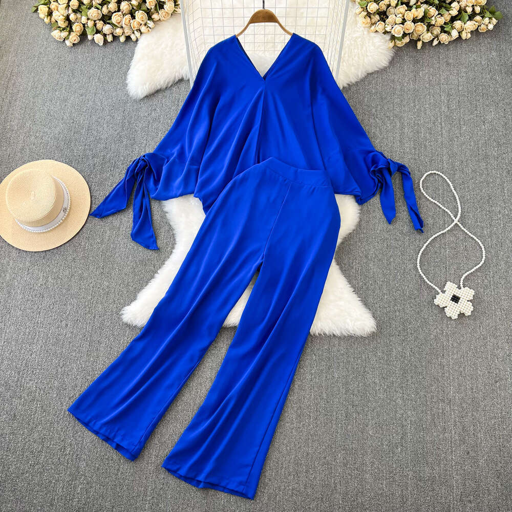 Fashion Set Womens Casual V-neck Loose Bat Sleeve Top with Two High Waisted Straight Wide Leg Long Pants Floral Dress Bifurcated Temperament Round Nec