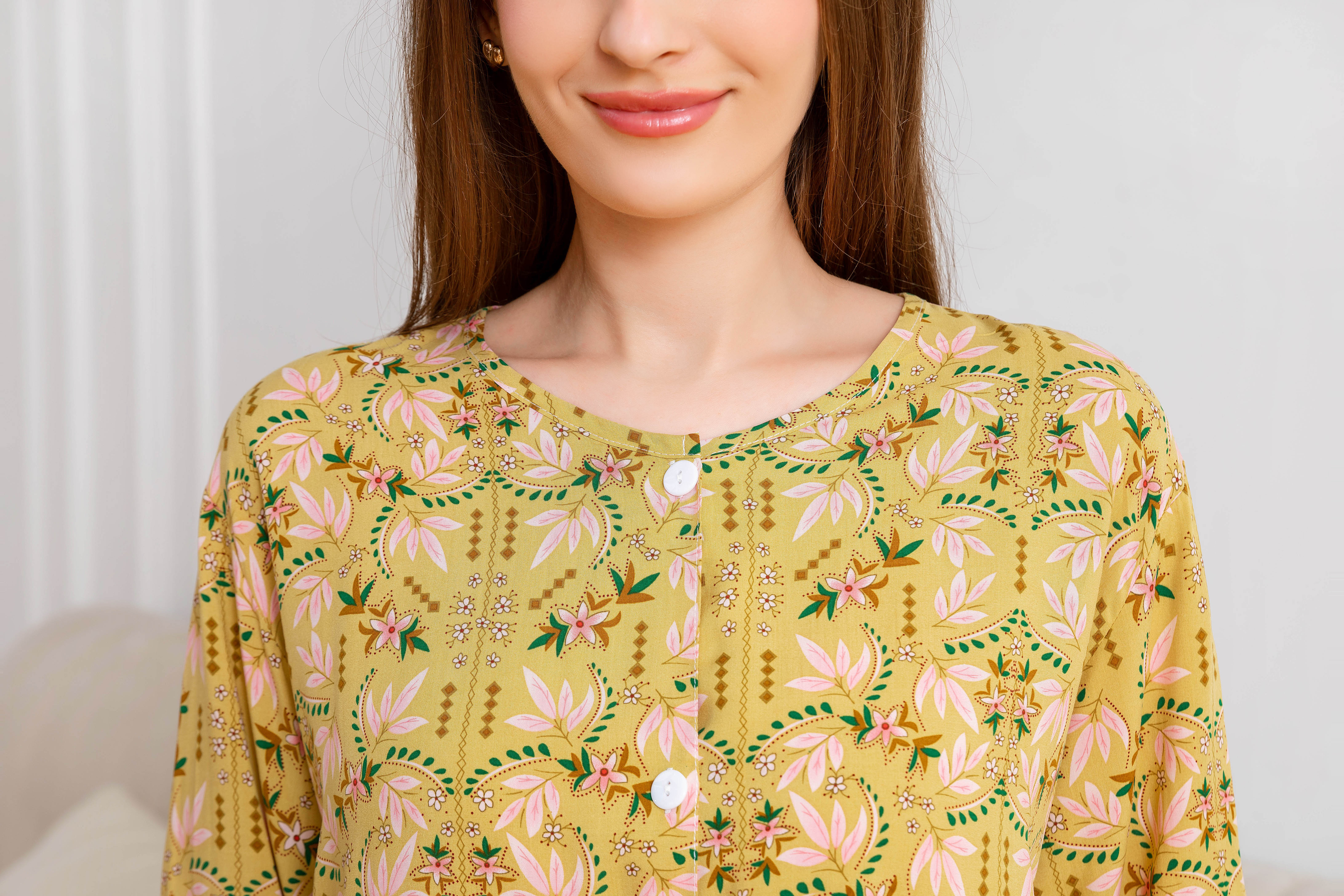 Women's Home Clothes Pajamas Yellow Base Pink Leaf Pants Set C206