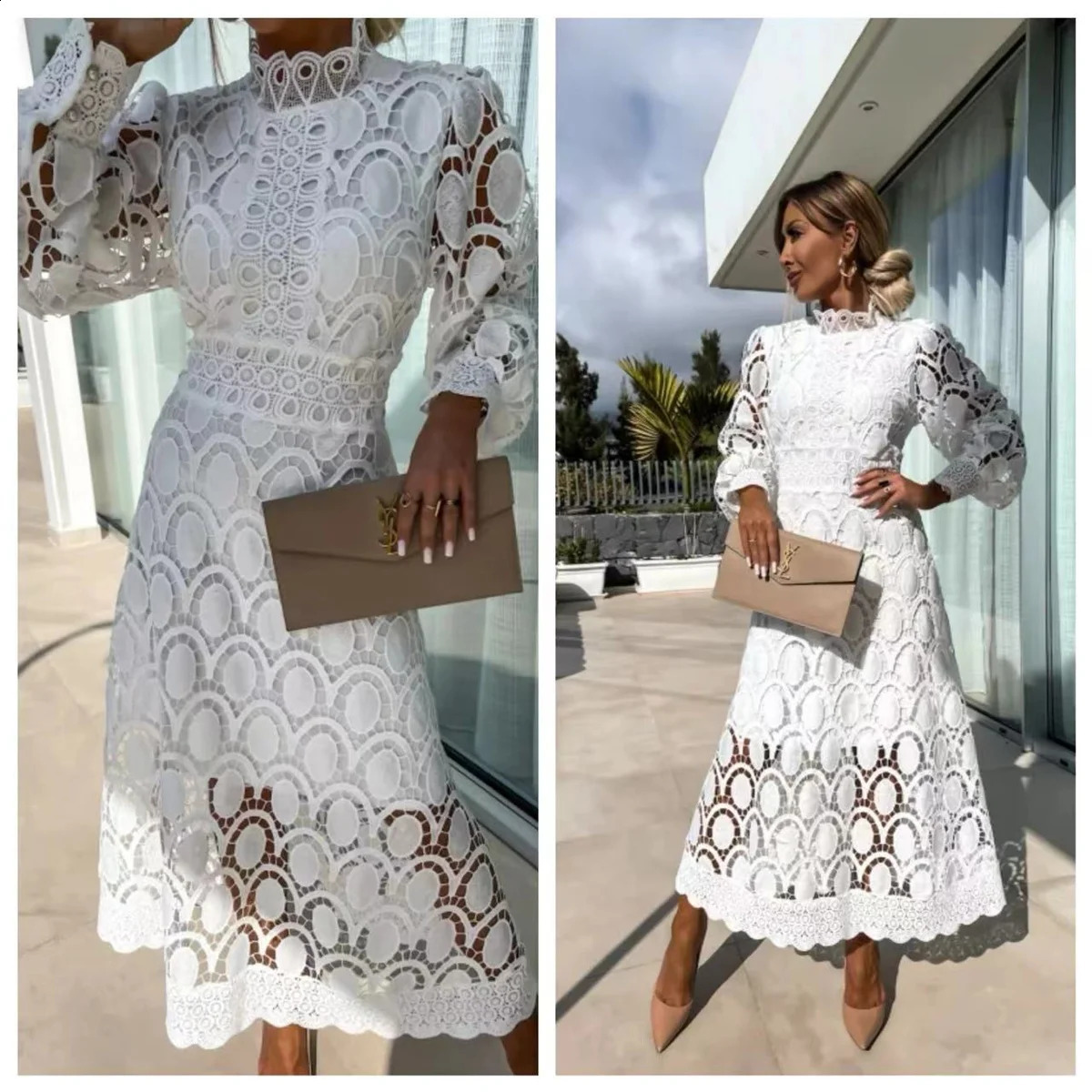 Elegant French Lace Dress For Women Hollow Out Stand Collar Commute Solid Color Long Sleeves Dresses Summer British Style Skirts 240723