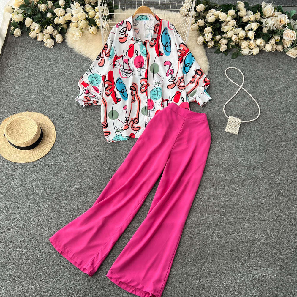 Instagram Style Printed Shirt Wide Leg Pants Two-piece for Autumn New High-end Commuting Professional Set Bifurcated Loose Pregnant Womens Dress SKINN