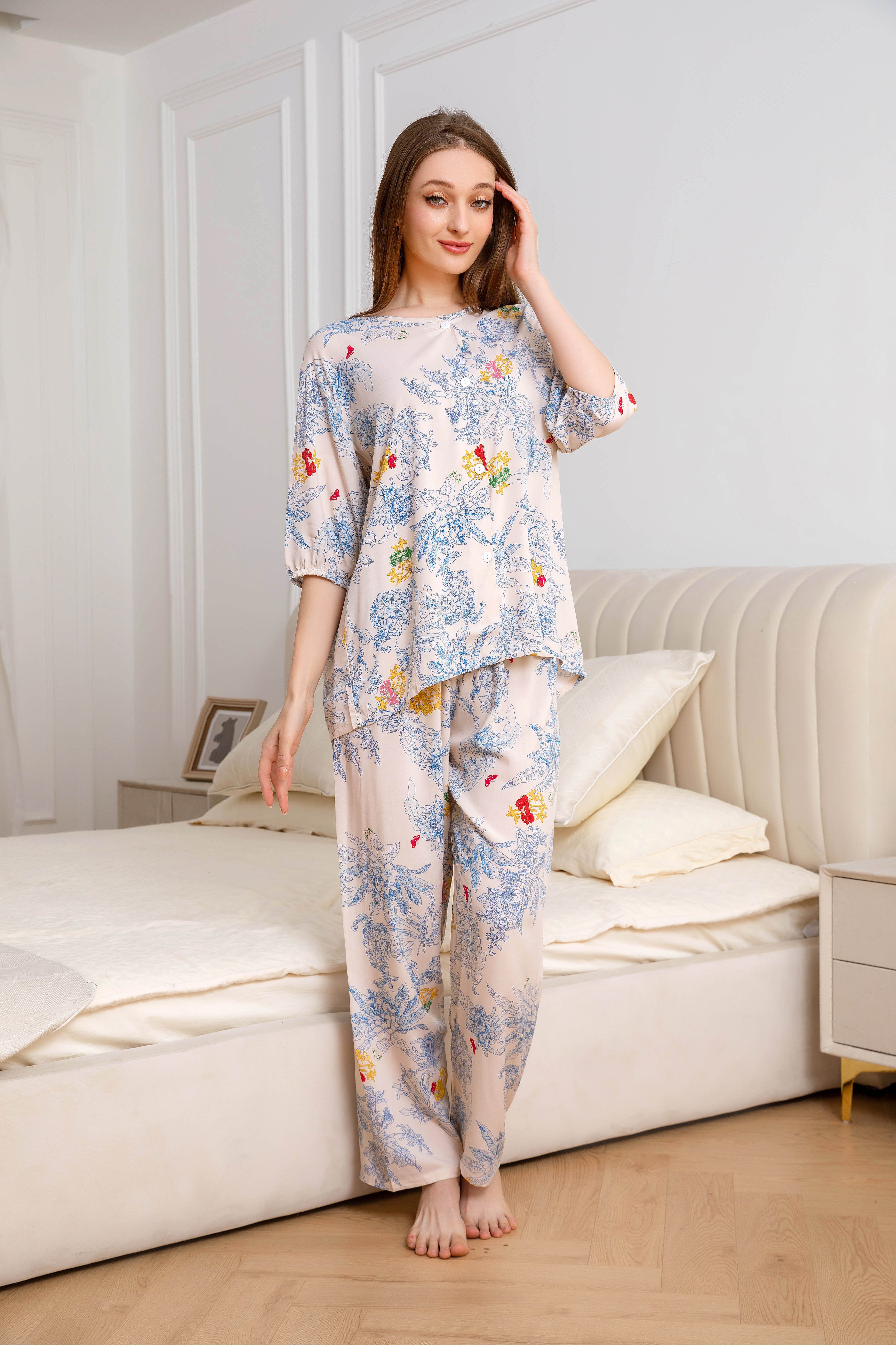 Women's home clothes, pajamas, light pink blue floral stamen pants set C207
