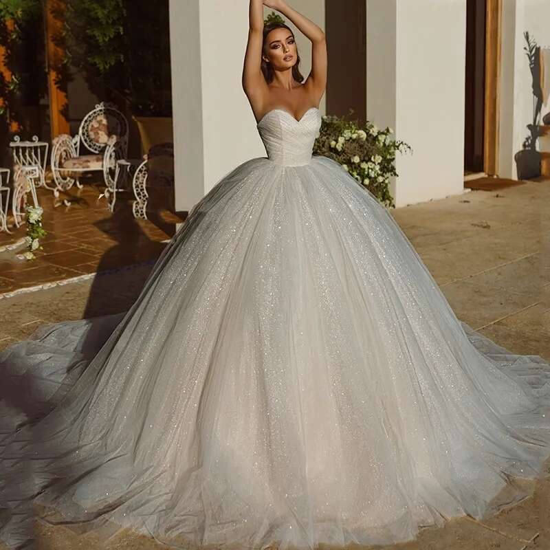 Sparkle Wedding Dresses Woman's A e Sleeveless Sweetheart Ball Gowns Fuffy Organza Formal Bride Party