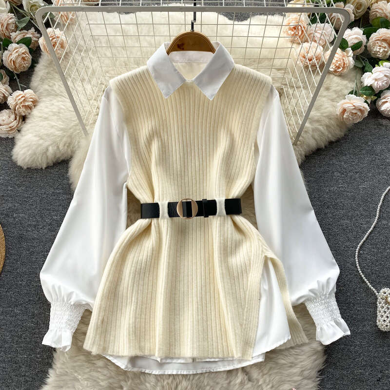 Light Luxury Celebrity Womens Loose Long Sleeve White Shirt Top+split Knitted Tank Top Vest Two Piece Set 0.4kg Sexy Dress Short Temperament Sexy Deni