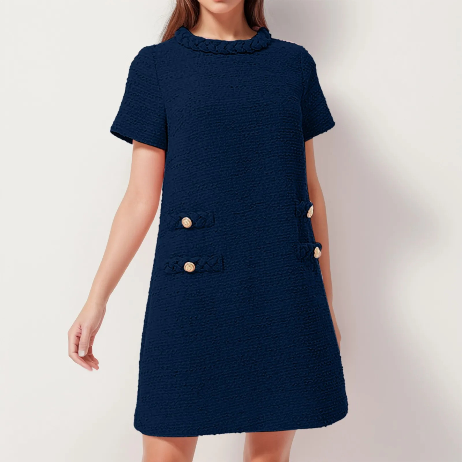 Women French Style Tweed A Line Dresses Temperament Solid Tight Pullovers Short Dress Summer Formal Dress Vintage Midi Dresses 240715