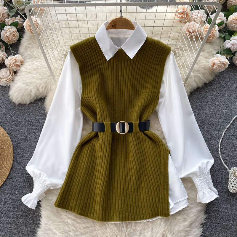 Light Luxury Celebrity Womens Loose Long Sleeve White Shirt Top+split Knitted Tank Top Vest Two Piece Set 0.4kg Sexy Dress Short Temperament Sexy Deni