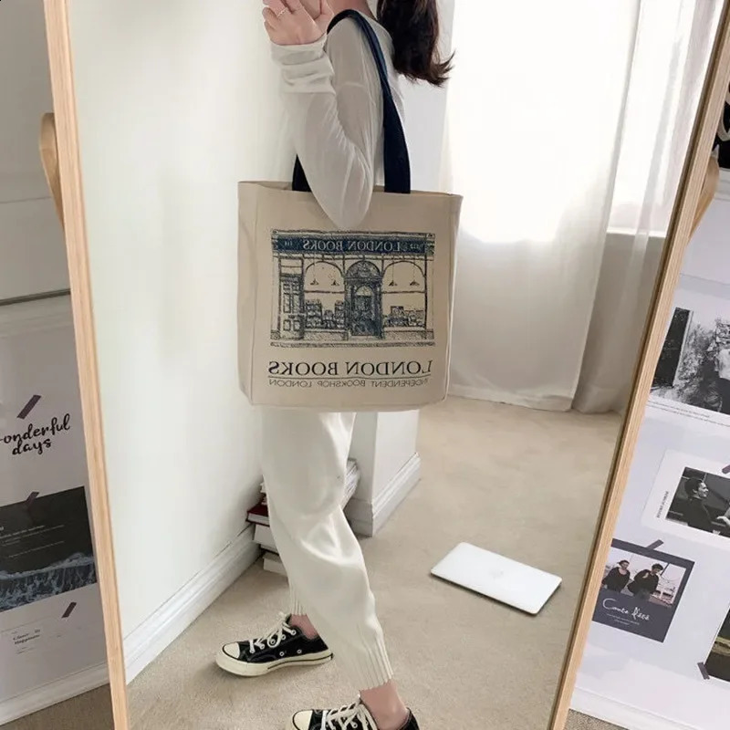 Women Canvas Shoulder Bag London Books Print Ladies Casual Handbag Tote Bag Reusable Large Capacity Cotton Shopping Beach Bag 240722