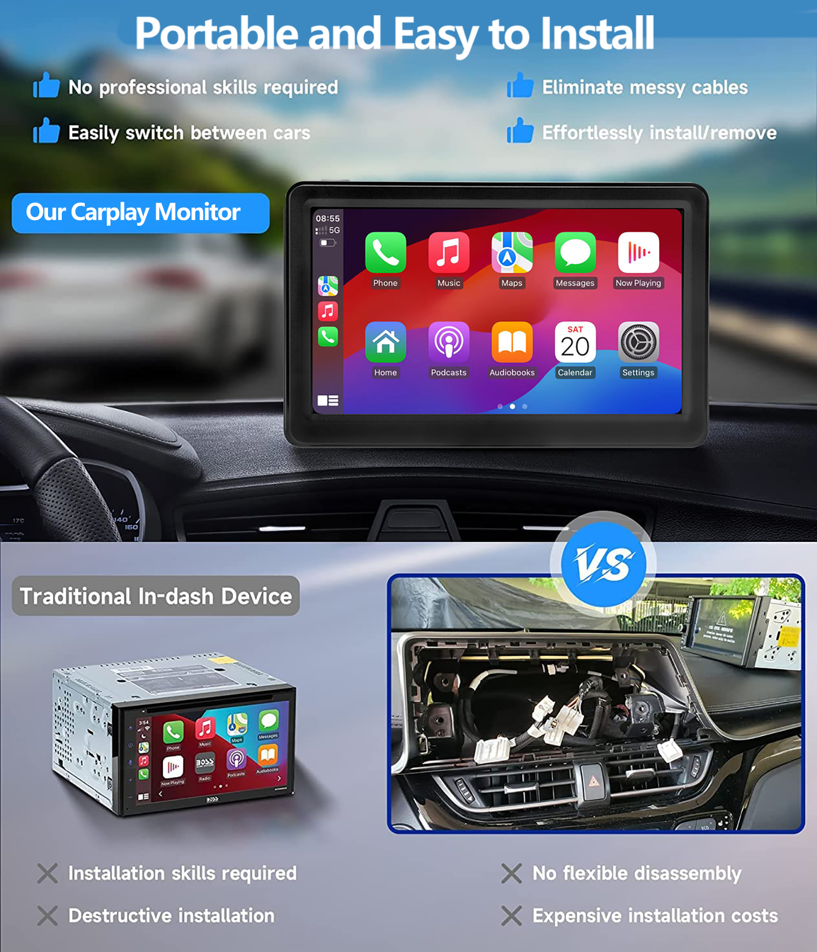 HD 7 inch Portable Wireless CarPlay Screen Car Apple Carplay & Android Auto, Mirror Link/Bluetooth/GPS Navigation/Voice Control/TF Card/AUX for All Ve