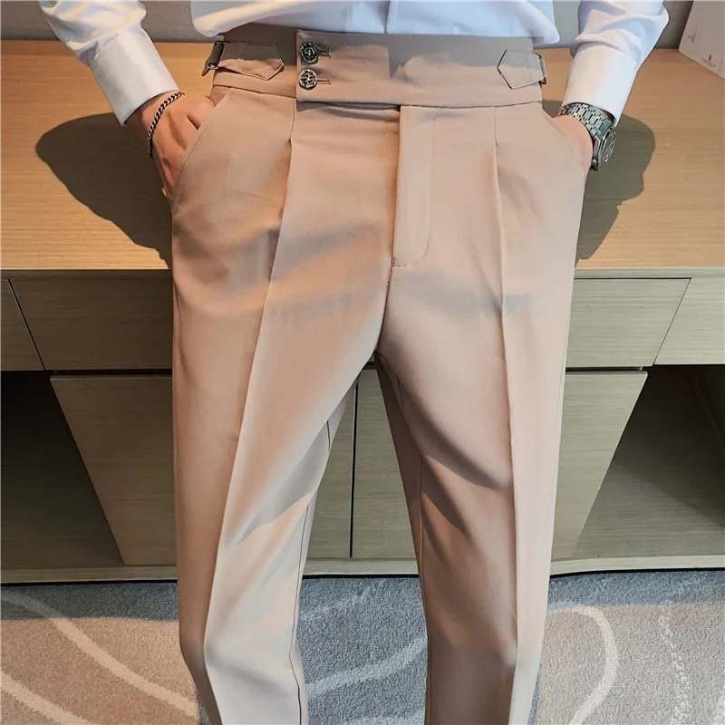 Men High Waist Trousers Autumn British Style Solid Color Casual Pants Slim Fit Formal Suit Pants Fashion Men Clothing 240722