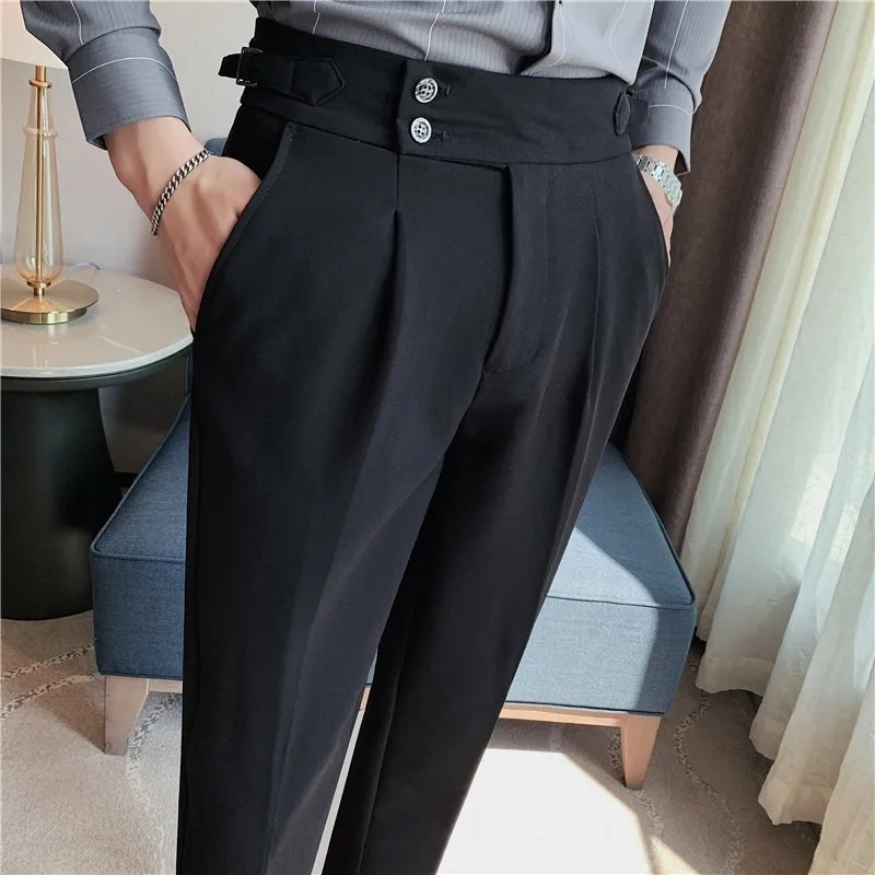 Men High Waist Trousers Autumn British Style Solid Color Casual Pants Slim Fit Formal Suit Pants Fashion Men Clothing 240722
