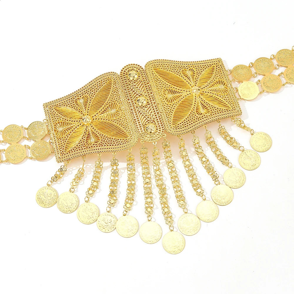 Gold alloy long chain coin waist and belly chain Arab Kurdish Moroccan robe with Kurdish Indian butterfly jewelry accessories 240710