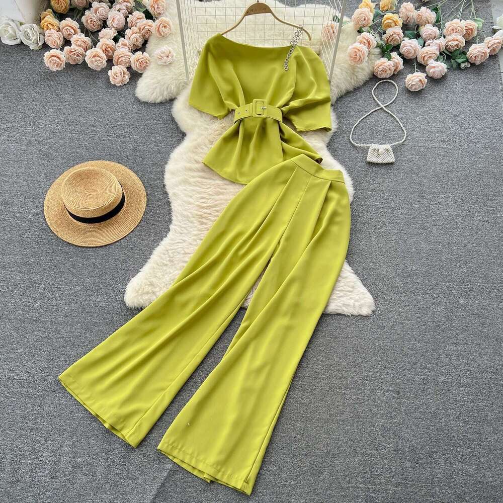 Light Mature Style Royal Sister Summer New One Shoulder Top Versatile Wide Leg Pants Two Piece Set Trendy Chiffon Floral Dress Novelty Sexy Silk Dress