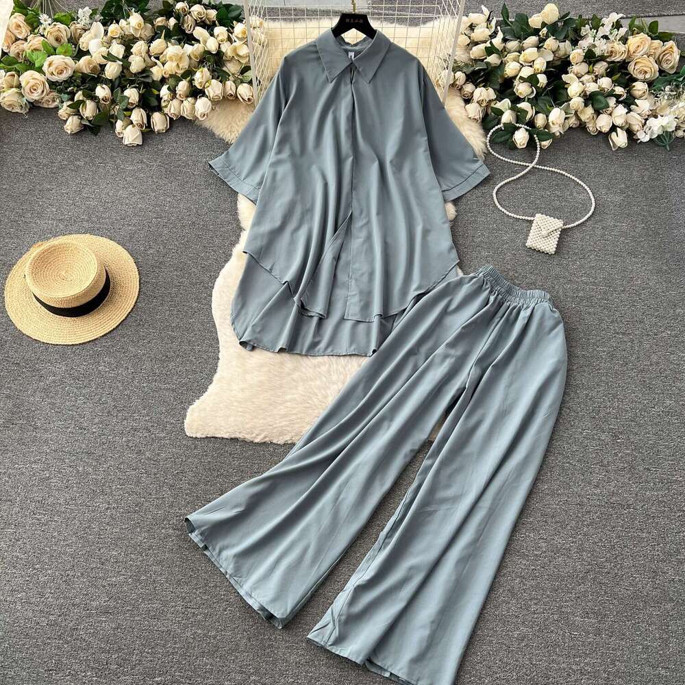Wind High-end Fashion Set, Summer Loose and Slimming Print Shirt, High Waist Drape, Wide Leg Pants Bifurcated Novelty Loose Lace Dress Oversize Dress