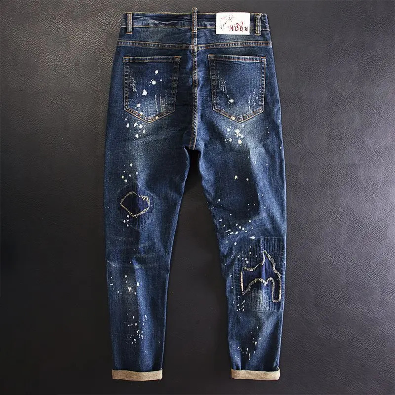 Jeans for Men Cropped Ripped Tapered Male Cowboy Pants with Holes Trousers Broken Torn 90s Streetwear Clothes Y2k 2000s Casual 240717