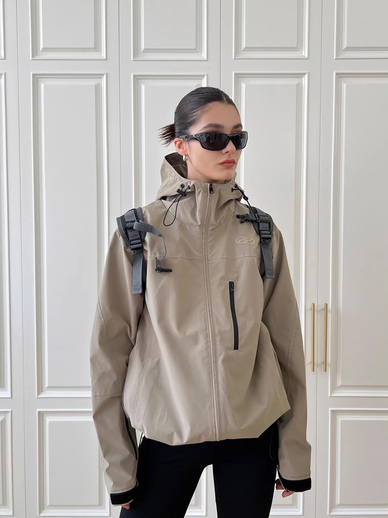 QWEEK Y2K Vintage Windbreaker Jacket Women Gorpcore Streetwear Taupe Hooded Outerwear Oversized Hip Hop Techwear Black Coat 240722
