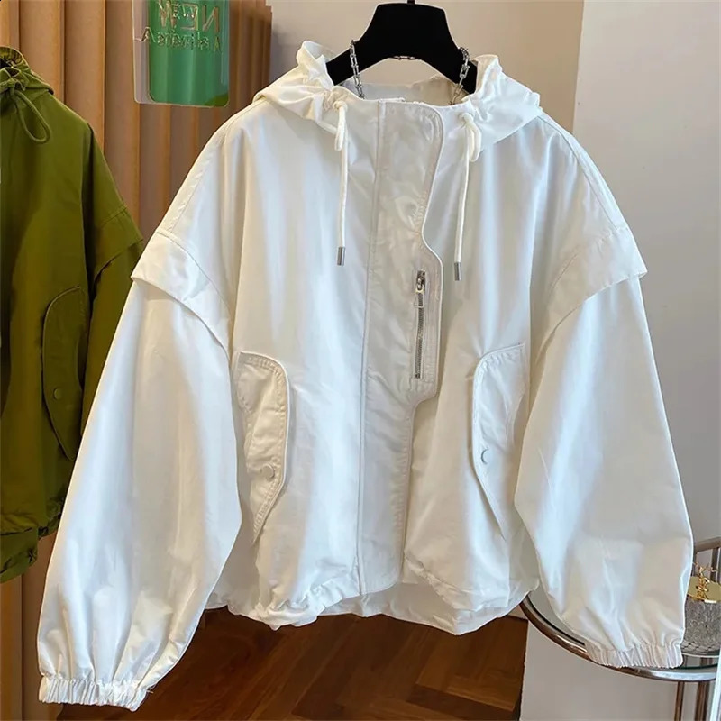 Fashion Spliced Zipper Shirring Printed Hooded Coats Womens Clothing Autumn Winter Loose Casual Windbreake Tops Jackets 240722