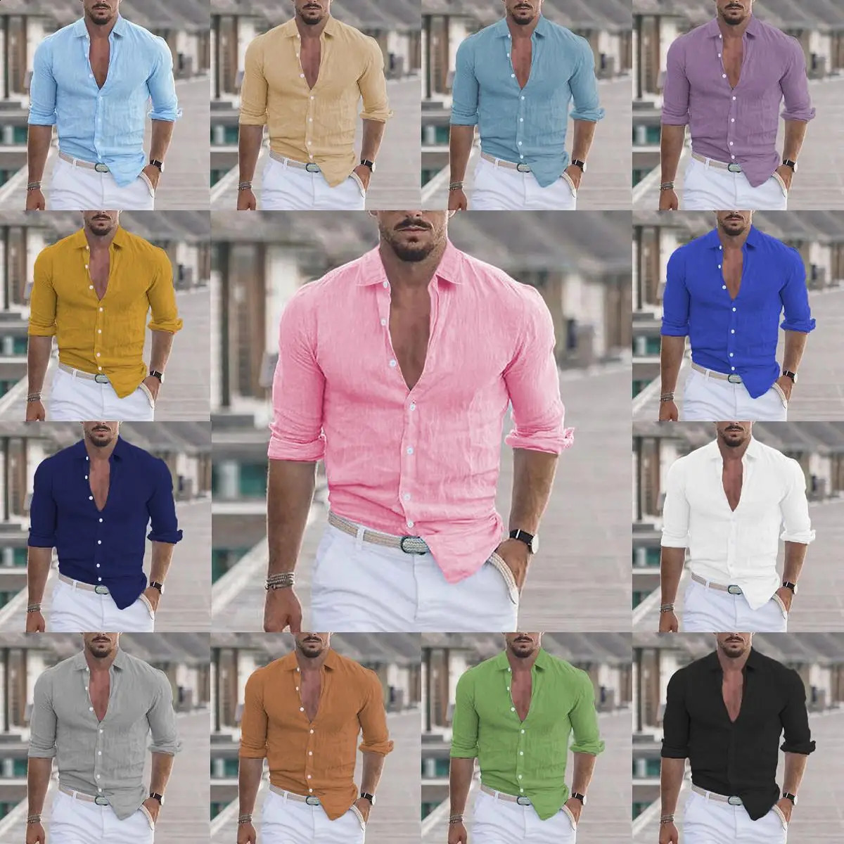 Blouse men summer cotton linen lapel beach shirt turn down collar long sleeve solid color holiday blusas camisas YRW5899 250206