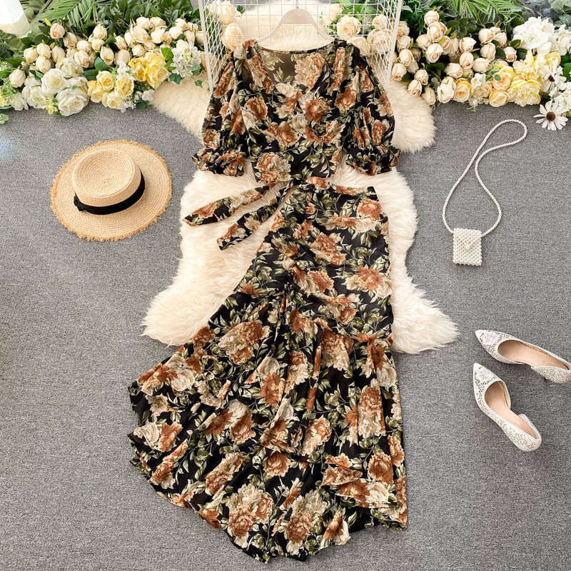 Vacation Style Two-piece Set, New Womens Short Strap Chiffon Shirt, Sexy and Feminine Fishtail Skirt Autumn Dress Women Short Temperament Novelty Deni