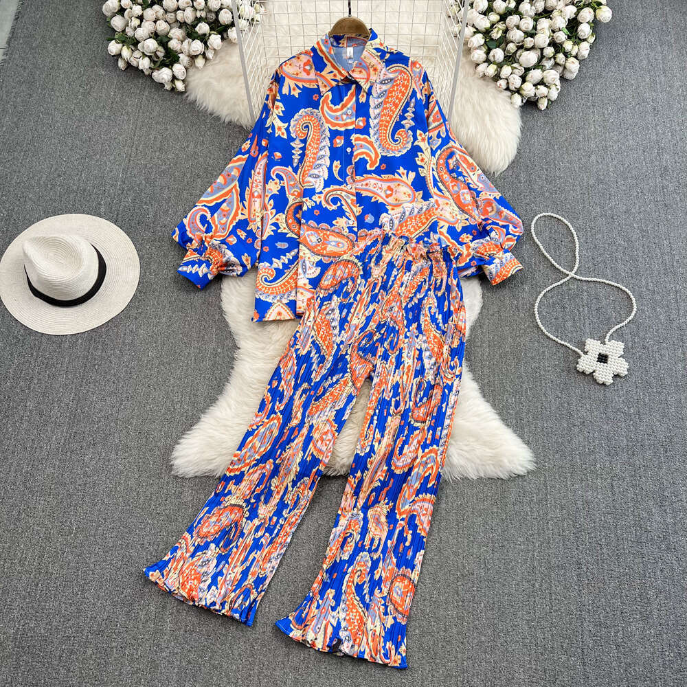 Fashionable Set Socialite Temperament Bat Sleeve Loose Printed Shirt, Two High Waisted Pleated Wide Leg Pants Novelty Sexy Denim Dress Oversize Dress
