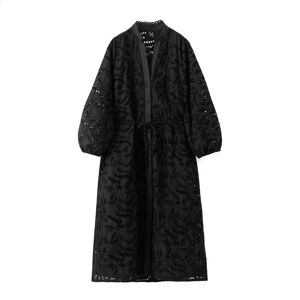 Womens High quality Fashion Long sleeve V-neck Loose Little black dress Hollow out Embroidery Midi Dress 240722