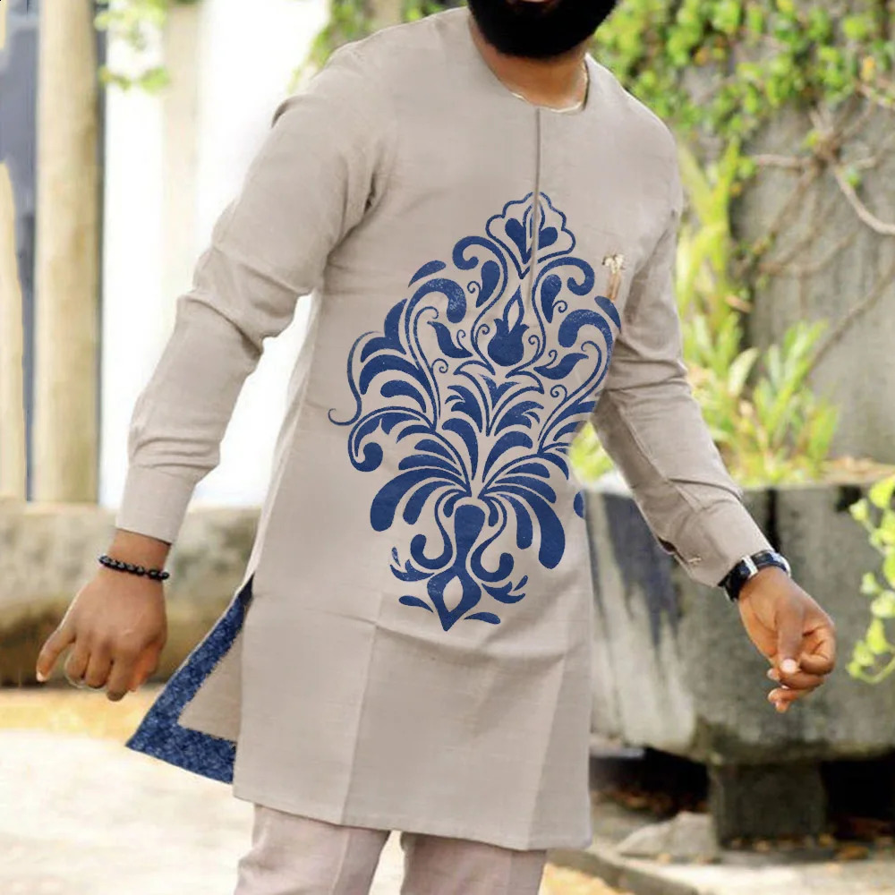 Only Tops In African Clothing Style Printing Color Matching Fashion Casual Long-sleeved Round Neck Mens Long Shirt 240814