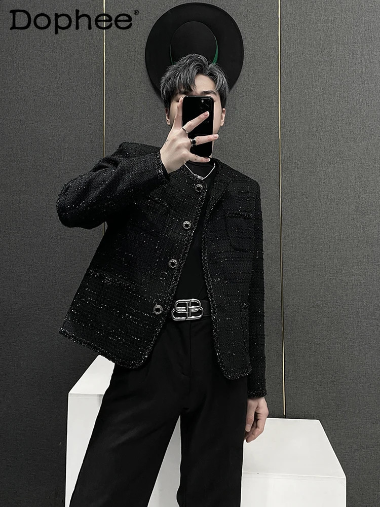 High-End Male Small Fragrant Coats Mens Fashion Loose Tweed Mens Round Neck Jackets Handsome Long Sleeve Short Jacket 240719