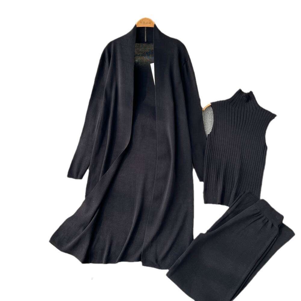 Autumn Lazy Loose Knitted Womens Long Shawl Cardigan+high Neck Sweater+wide Leg Pants Three Piece Set Temperament Oversize Dress High Waist Dress