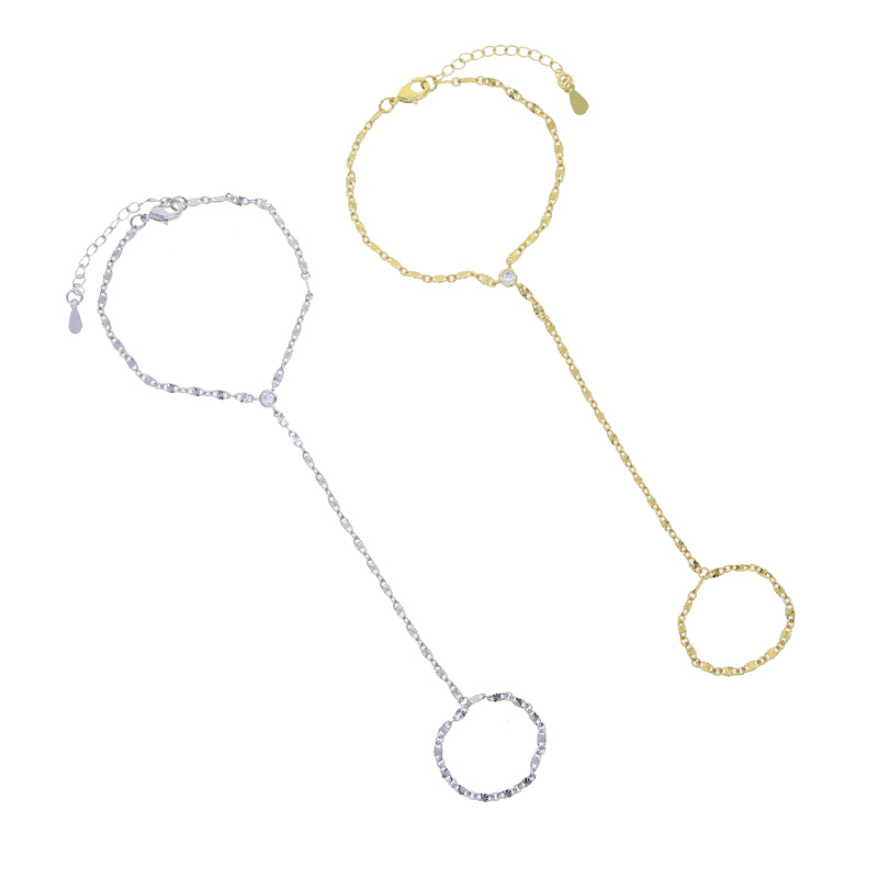 Micro Pave AAA CZ k Chain Bracelet w/ Ring Chains Wristlet - Hand Jewelry