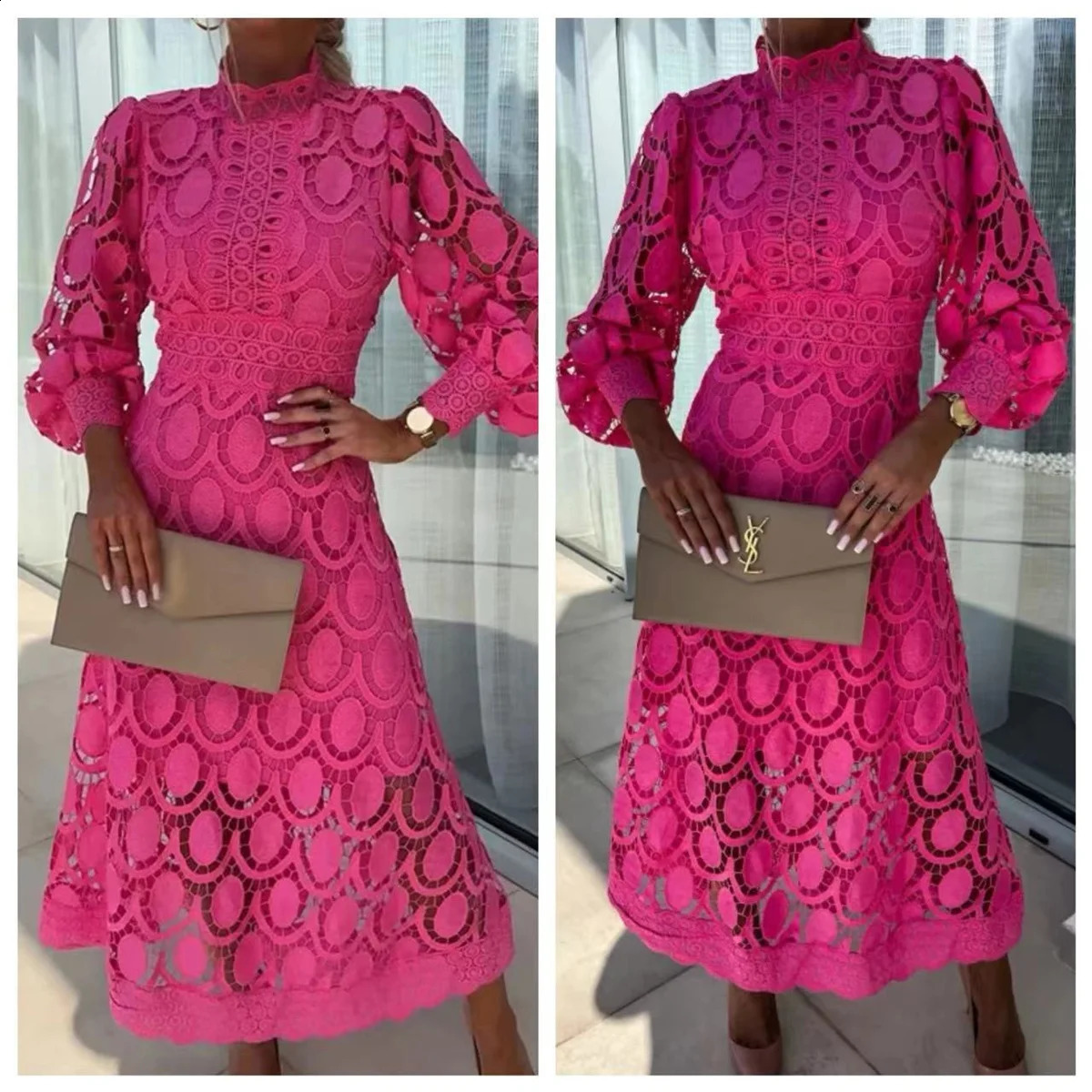 Elegant French Lace Dress For Women Hollow Out Stand Collar Commute Solid Color Long Sleeves Dresses Summer British Style Skirts 240723