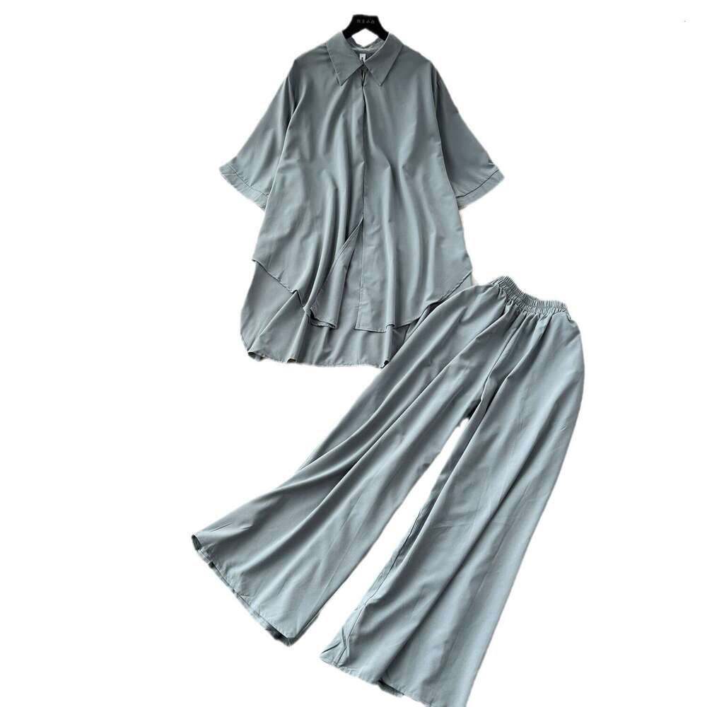 Wind High-end Fashion Set, Summer Loose and Slimming Print Shirt, High Waist Drape, Wide Leg Pants Bifurcated Novelty Loose Lace Dress Oversize Dress