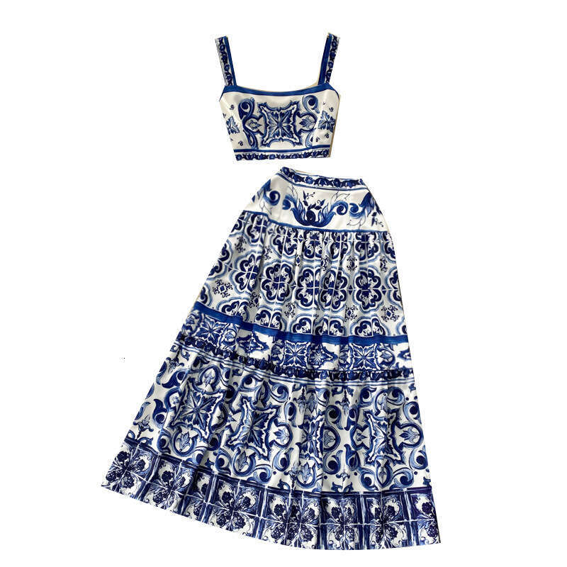 Wind Blue and White Porcelain Printing Set for Women in Summer, Pure Desire to Show Waist, Suspender Vest+high Waisted Mid Length Skirt BOHO DRESS