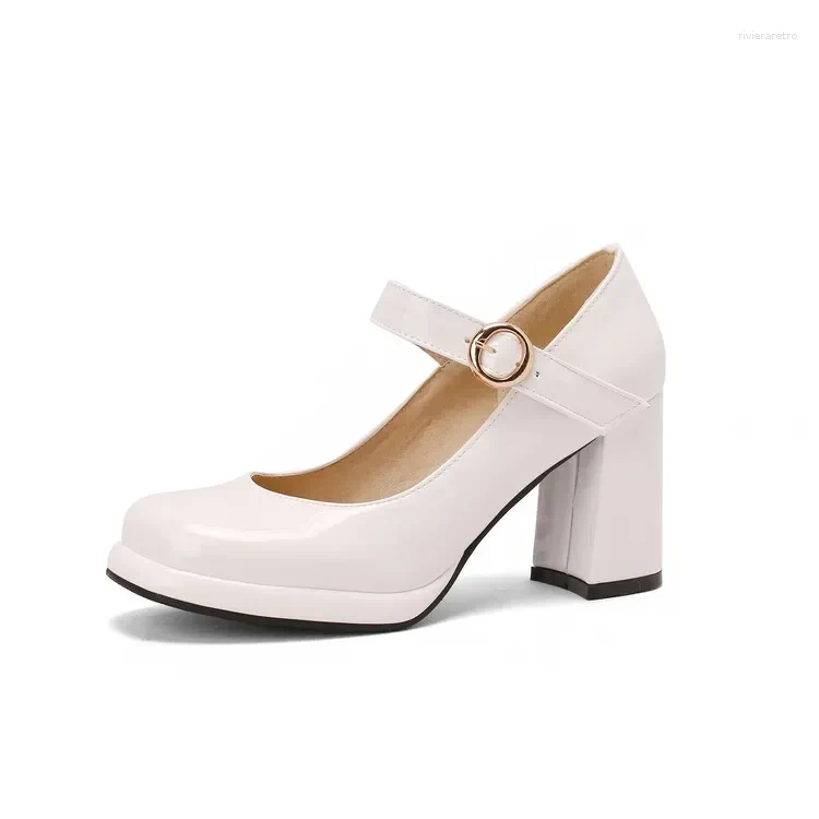 Dress Shoes PU Patent Leather Green Navy Blue Closed Toe Mature Ladies Office Pumps Buckle Strap Vintage Women Mary Janes Block Heels