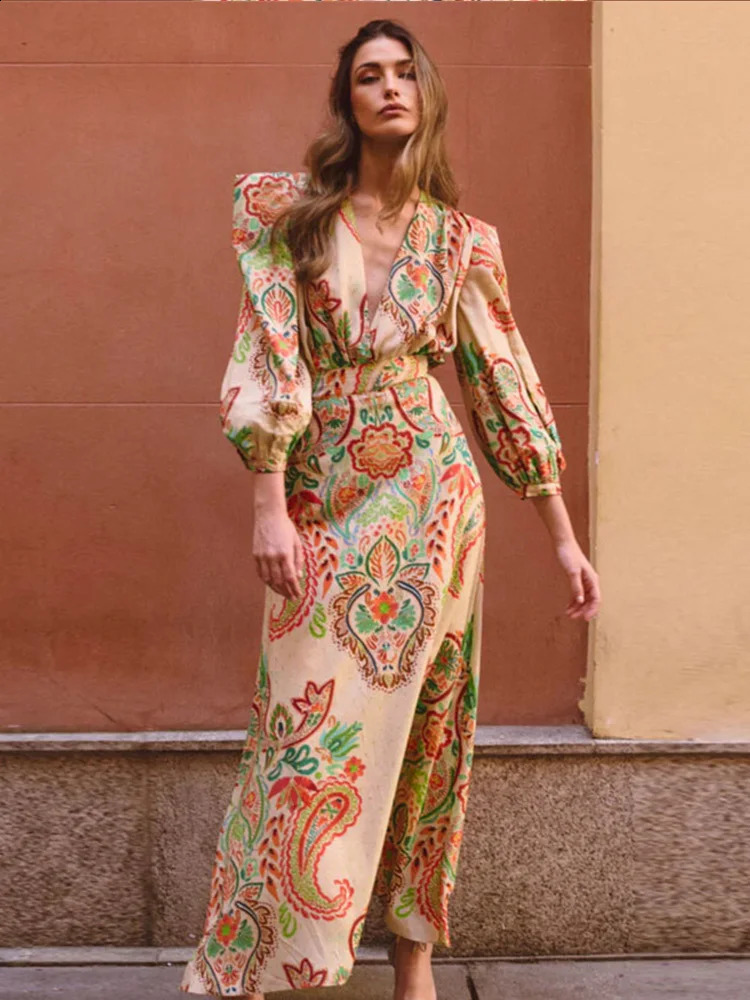Casual V Neck Flower Printed Pleated Slim Maxi Dresses Elegant Lantern Long Sleeve High Waist Dress Lady Vacation Vestidos 240723