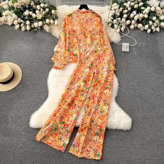 Spring New Womens Wear Design Sense Printed Long Sleeved Shirt Fashionable and Versatile Wide Leg Pants Two Piece Set Self-cultivation Lace Dress BOHO