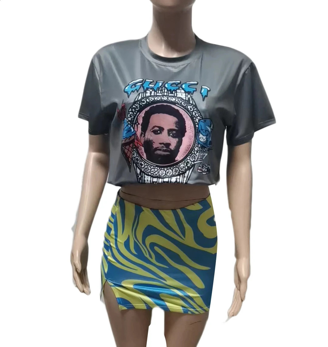 Summer 2 Piece Skirt Sets Sexy Crop Graphic Tee Tops Outfit Y2K Streetwear Fashion Mini Dress Sexy Chic Two Piece Set 240718