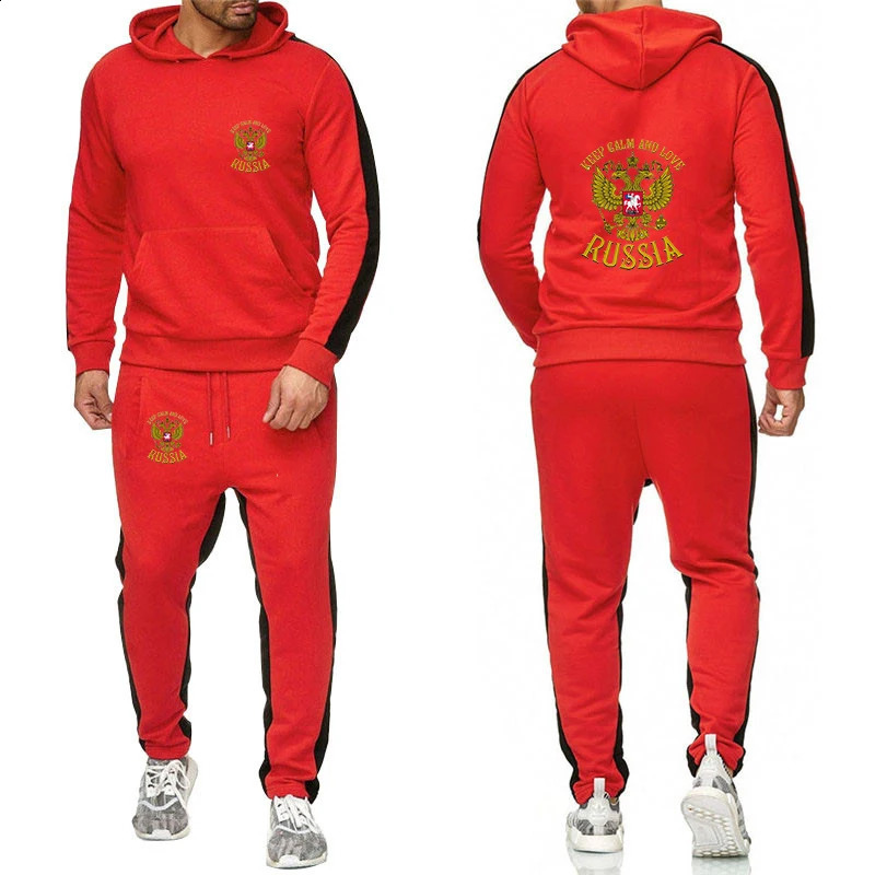 Men Printing Russia Badge Autumn and Winter Solid Color Hoodie Pants Twopiece Fashion Casual Sports Set 240722