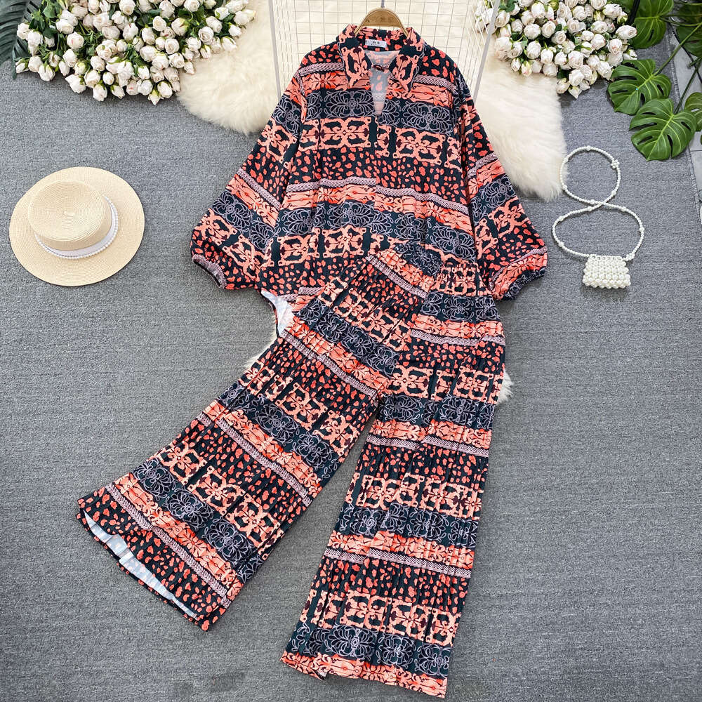 Fashion Loose Lantern Sleeved Printed Front Short Back Long Shirt Two-piece Set of Pleated Wide Leg Pants Short Novelty Sexy Lace Dress High Waist Dre