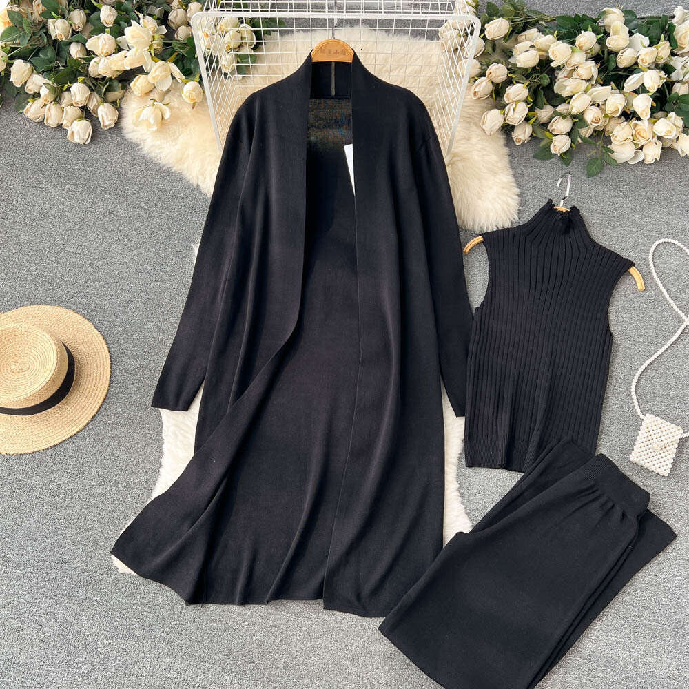 Autumn Lazy Loose Knitted Womens Long Shawl Cardigan+high Neck Sweater+wide Leg Pants Three Piece Set Temperament Oversize Dress High Waist Dress