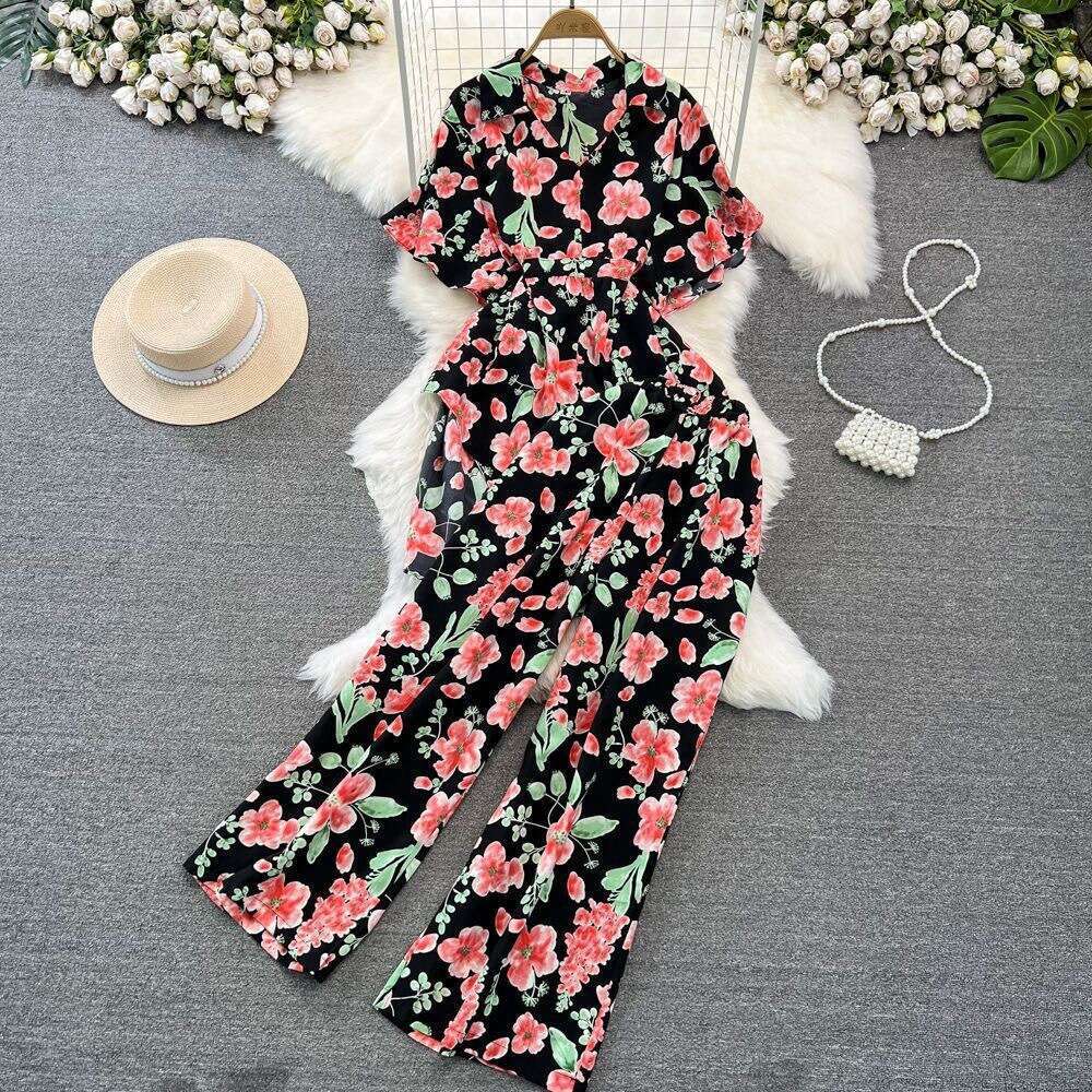 Short Sleeved Loose Single Breasted Tie Up Waist Cinching Printed Shirt Two-piece High Waisted Wide Leg Pants Fashion Set for Women Sexy Loose Denim D