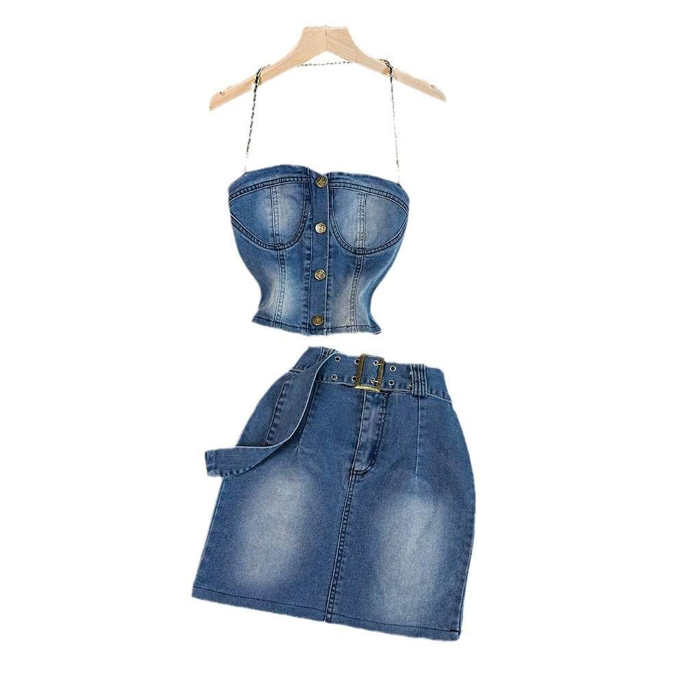 American Spicy Girl Style Sexy Bra Hanging Neck Top Short Versatile Cowboy Half Skirt Two Piece Set Trendy Bifurcated Short Silk Dress Lace Dress