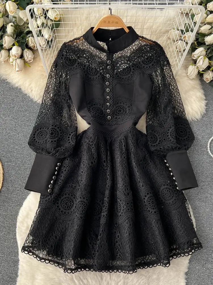 Vintage Flower Embroidery Hollow Out Lace Dress Womens Stand Collar Long Lantern Sleeve Pearls Buttons Casual Party Vestidos 240717