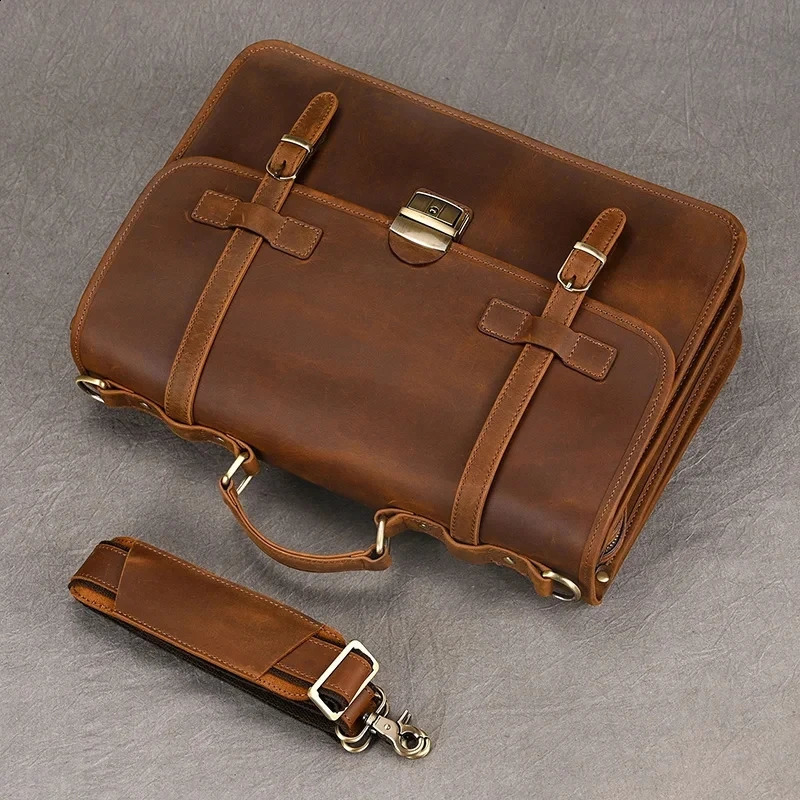 Men Genuine Leather Briefcase With Dial Lock 14 inch Business Cowhide Laptop Handbag Mens Work Tote Big Shoulder Bag 240723