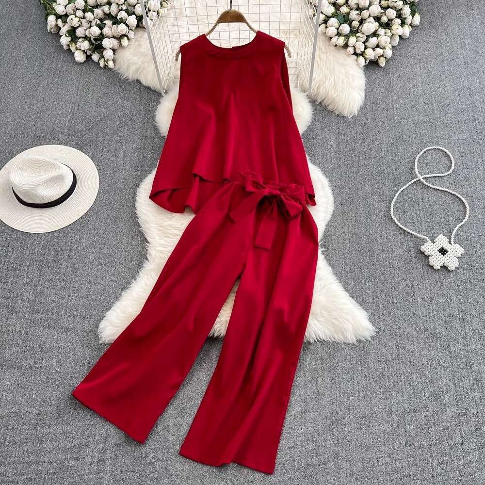Fashionable Light and Mature Style, Temperament, Round Neck, Loose Sleeveless Top, Two-piece Set, High Waisted, Lace Up, Straight Leg, Wide Leg Lace D