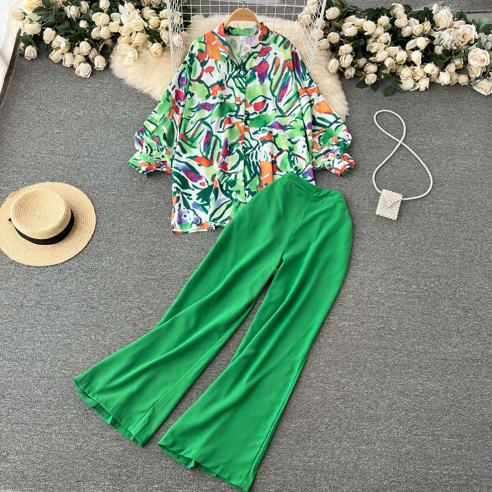 Instagram Style Printed Shirt Wide Leg Pants Two-piece for Autumn New High-end Commuting Professional Set Bifurcated Loose Pregnant Womens Dress SKINN