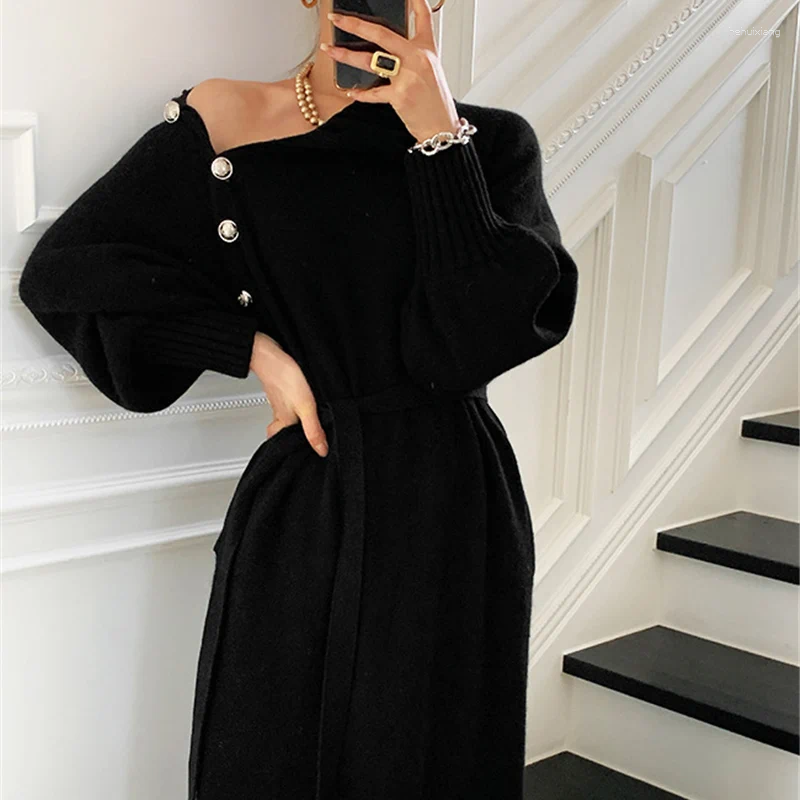 Casual Dresses Designer Black Knitwear Sweater Dress Women 2024 Pollover Thick Knitted Woman Korean Warm Winter Jumper SolidL2409014