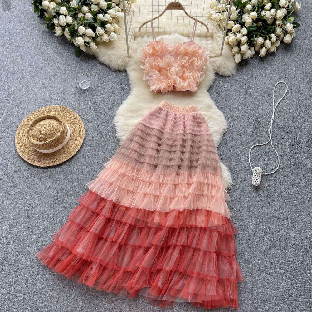 High End Suit for Women with Three-dimensional Flower Suspender, Small Vest, Fairy Mesh Half Length Skirt, Two-piece Set Sexy SKINNY DRESS High Waist 